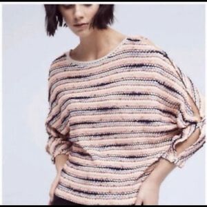 Anthropologie Postmark Malu Striped Dolan Sleeves Sweater Cold Shoulder